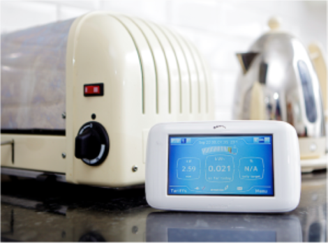 Smart meter on a kitchen surface in front of a toaster and a kettle